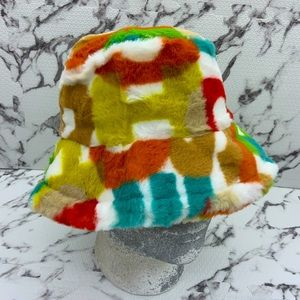 Men Women White Multicolor Fisherman Letter Fluffy Faux Fur Warm Bucket Hat